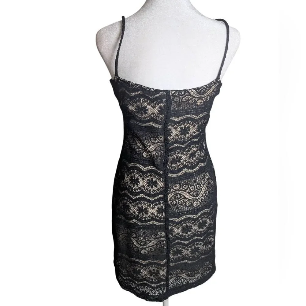 Vintage 90s Poetry Black & Nude Lace Crochet Overlay Slip Mini Dress Juniors M